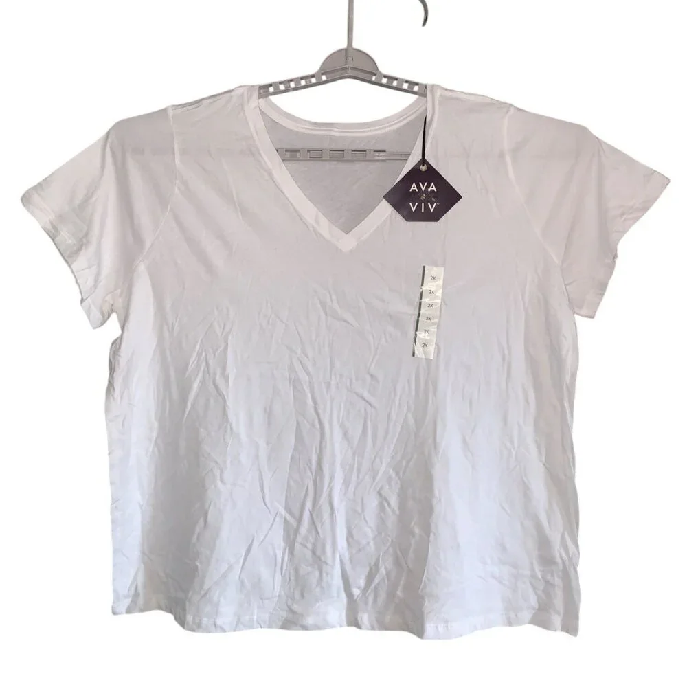 Ava & Viv Womens Plus Size White V-Neck Basic Tee Soft Cotton Casual Top - Picture 6 of 12